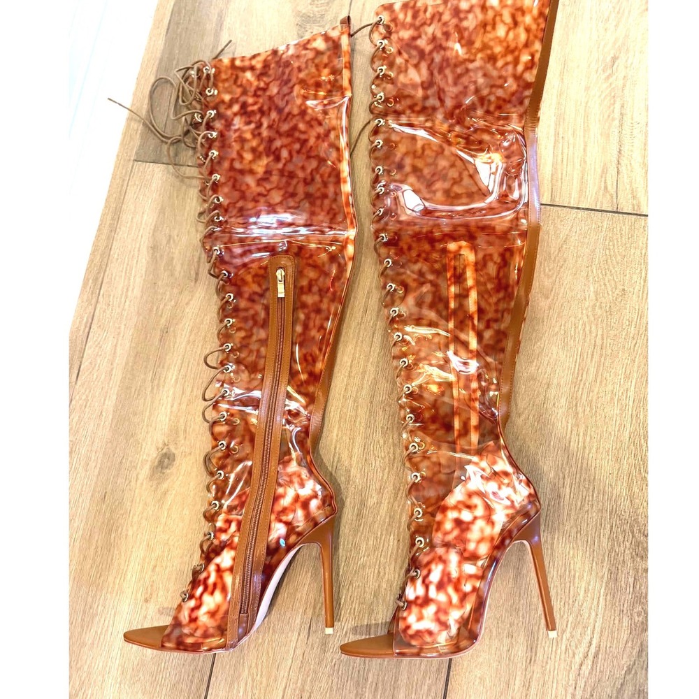 Simmi London Santa-68 Tortoiseshell Lace Up Thigh High Stiletto Boots Size 5